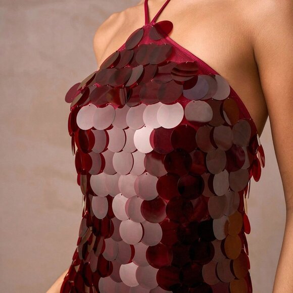 Burgundy Preppy Women's Sheer Sequin Halter Mini Dress - Picture 3 of 5